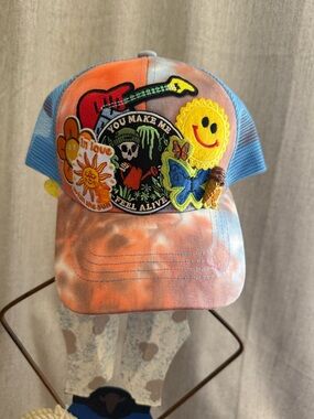 Tie-Dye Patch ponytail Trucker Hat with Colorful Embroidered Patches